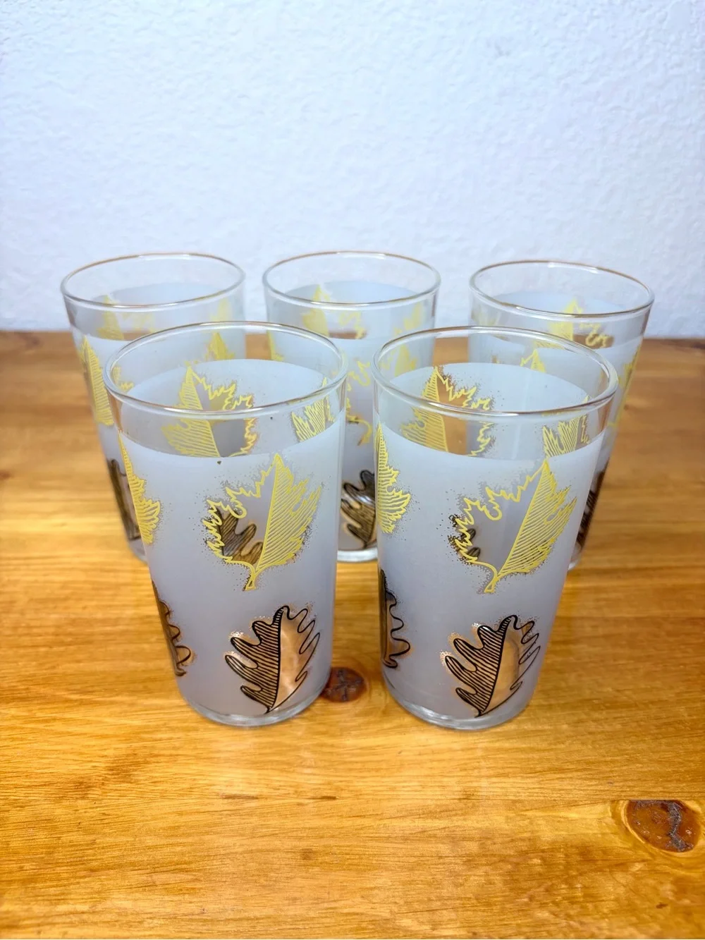 Vintage Libbey Frosted Black Yellow Leaves Pitcher And Glass Tumblers Set Of 6